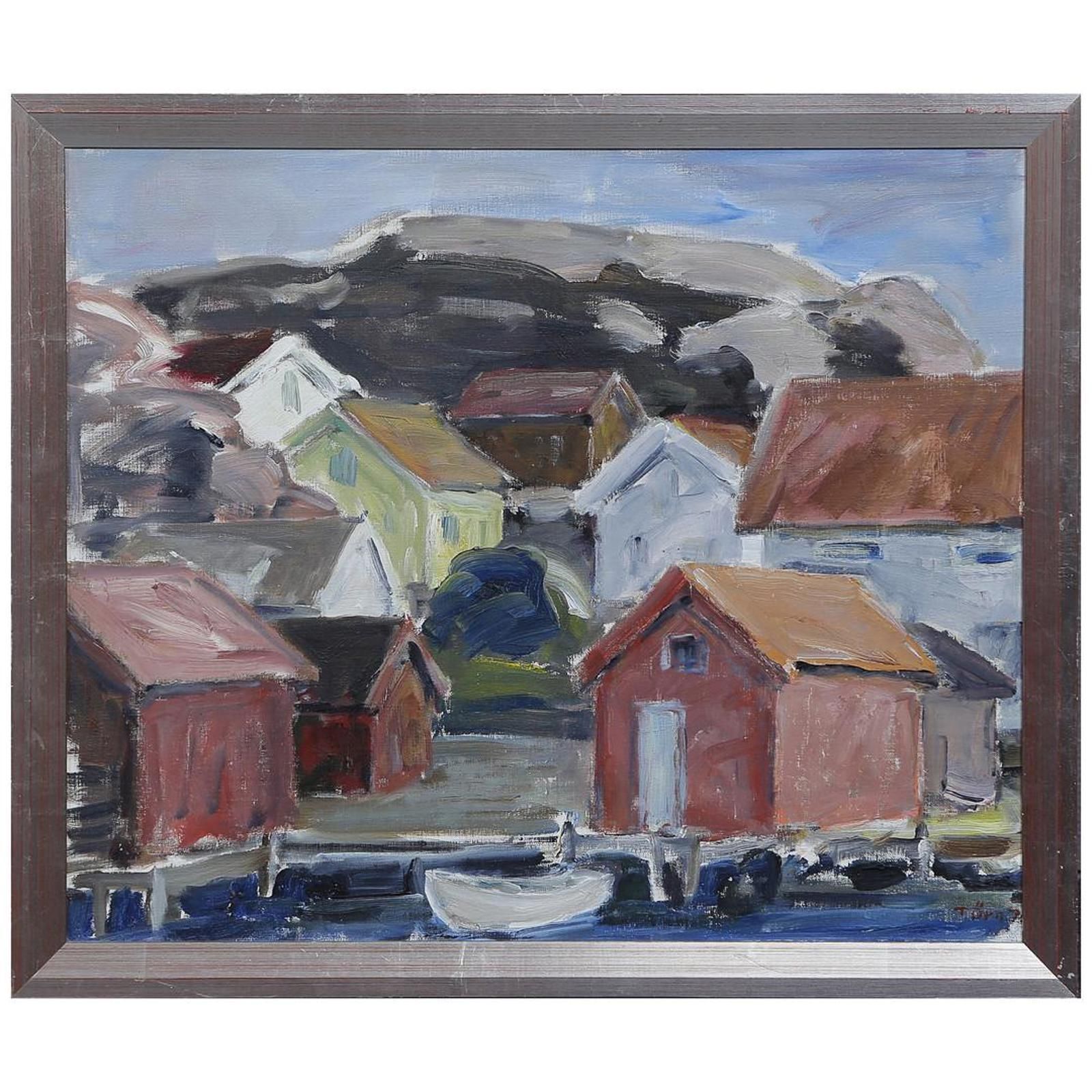 Original Mid Century Swedish Oil On Canvas – “Coastal Village” By Tryggve örn  Vintage & Framed – 59.5 × 50.5 Cm (23.4" × 19.9") photo for sale