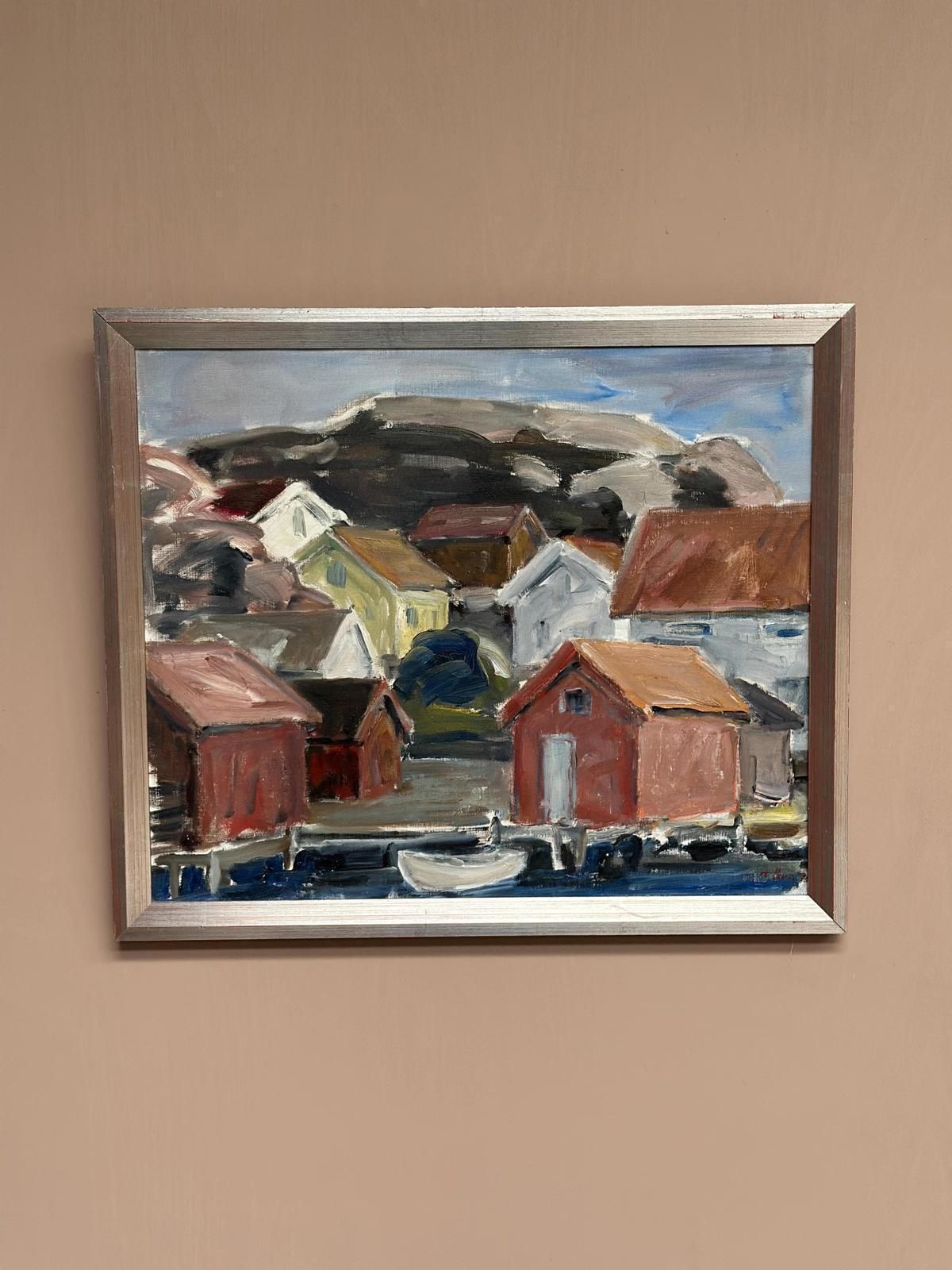 Original Mid Century Swedish Oil On Canvas – “Coastal Village” By Tryggve örn  Vintage & Framed – 59.5 × 50.5 Cm (23.4" × 19.9") photo vintage