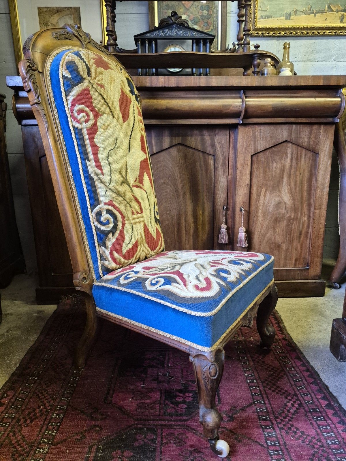 Fab Victorian Gothic Walnut Tapestry & Velvet Upholstered Prie Dieu Prayer Chair photo for sale