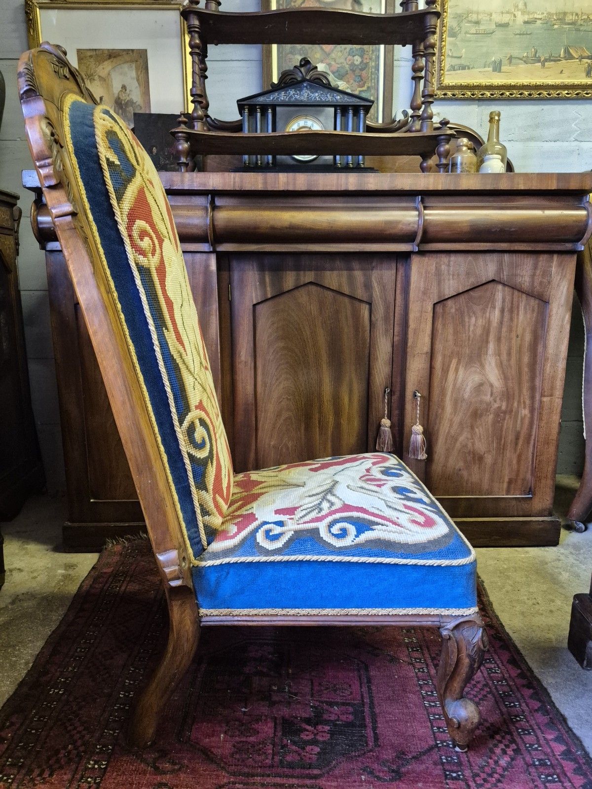 Fab Victorian Gothic Walnut Tapestry & Velvet Upholstered Prie Dieu Prayer Chair photo vinterior