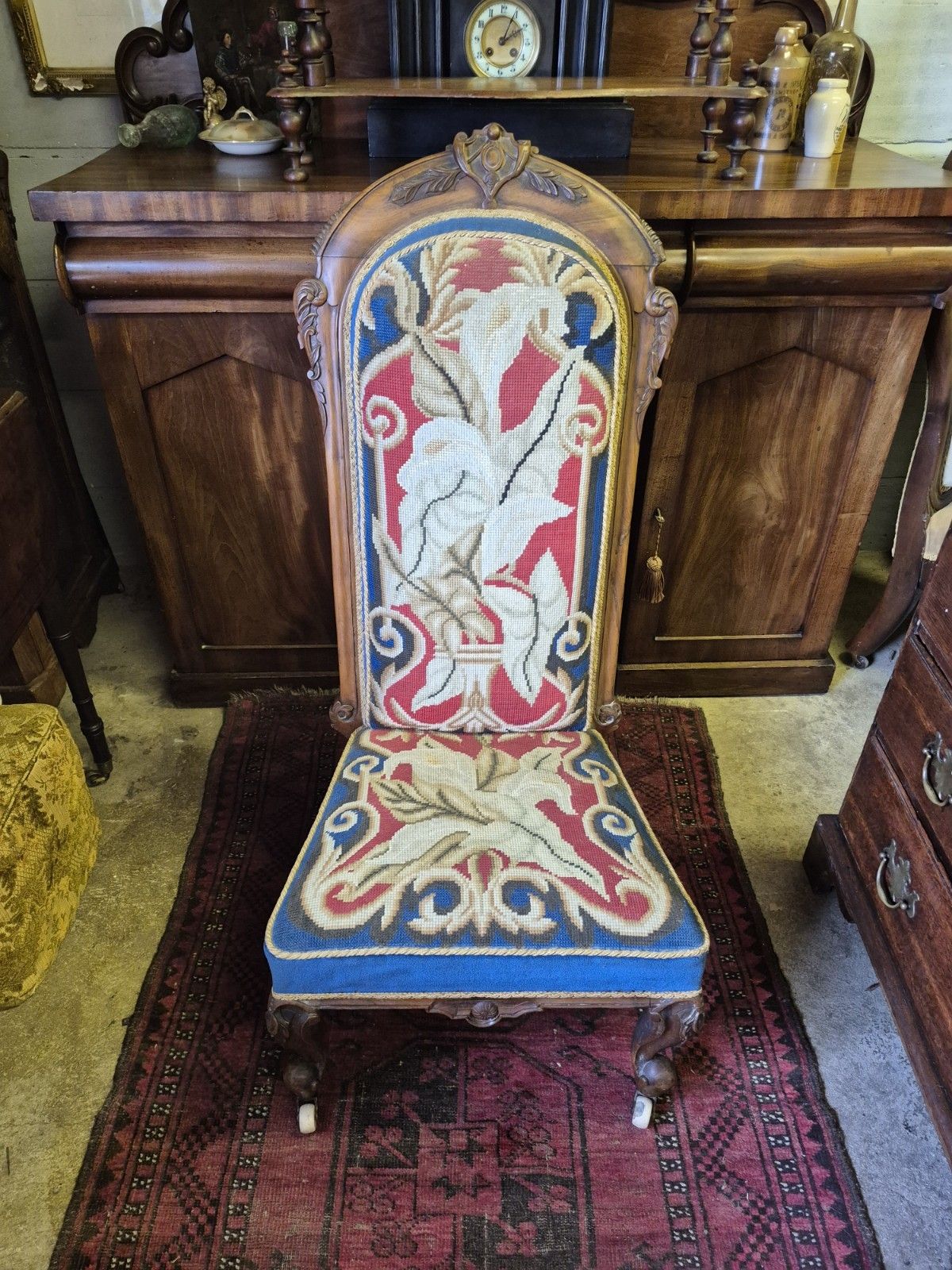photo for sale Fab Victorian Gothic Walnut Tapestry & Velvet Upholstered Prie Dieu Prayer Chair