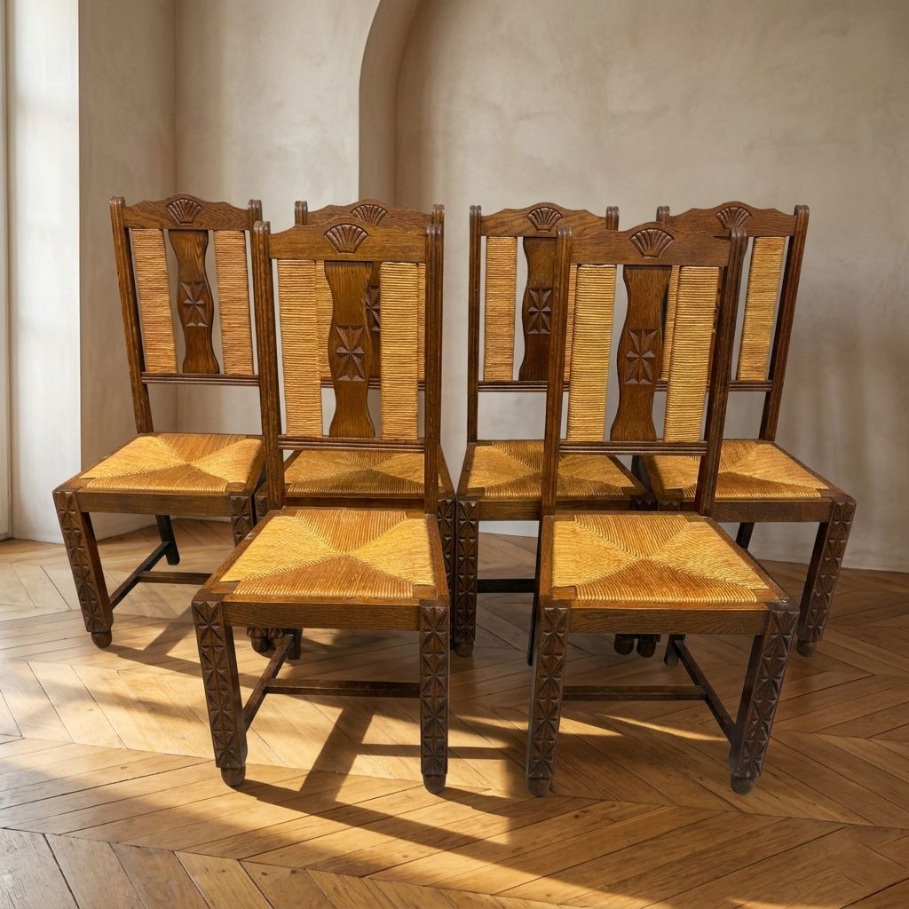 Dining Chairs, Brutalist Style, Straw Seat Ash Wood, 1950s, France