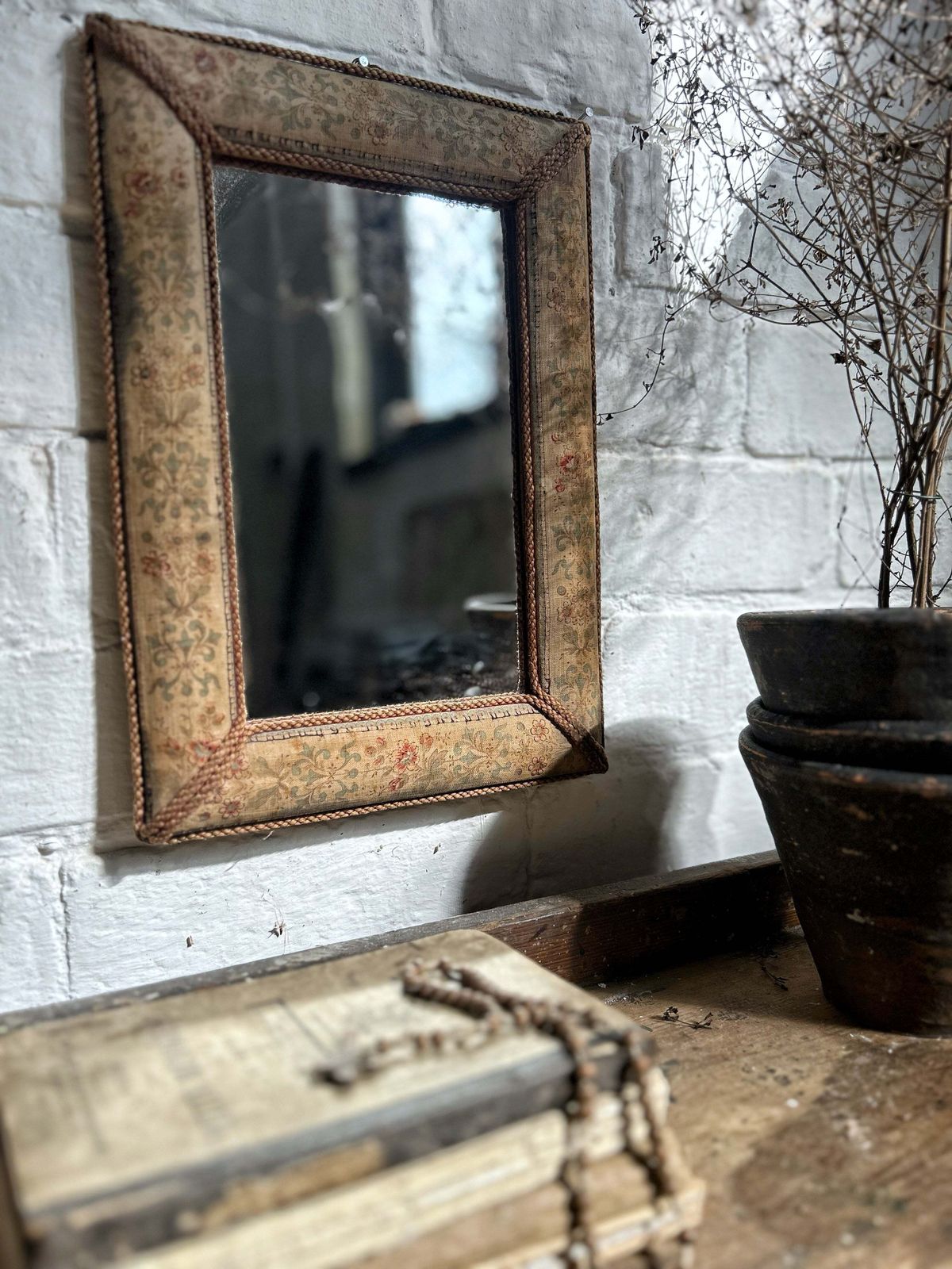 Antique Cushion Frame Floral Tapestry Style Covered Fabric Mirror With Decorative Rope Piping photo furniture