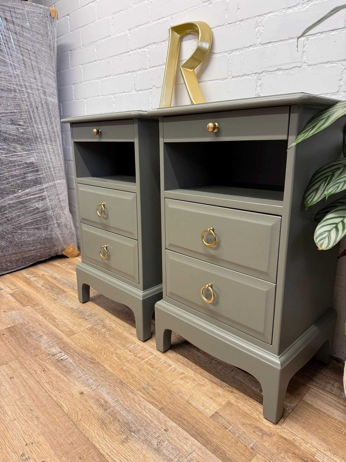 Stag Minstrel Bedside Tables Pair Painted Hornblende Green | Tall Narrow Nightstands photo for sale