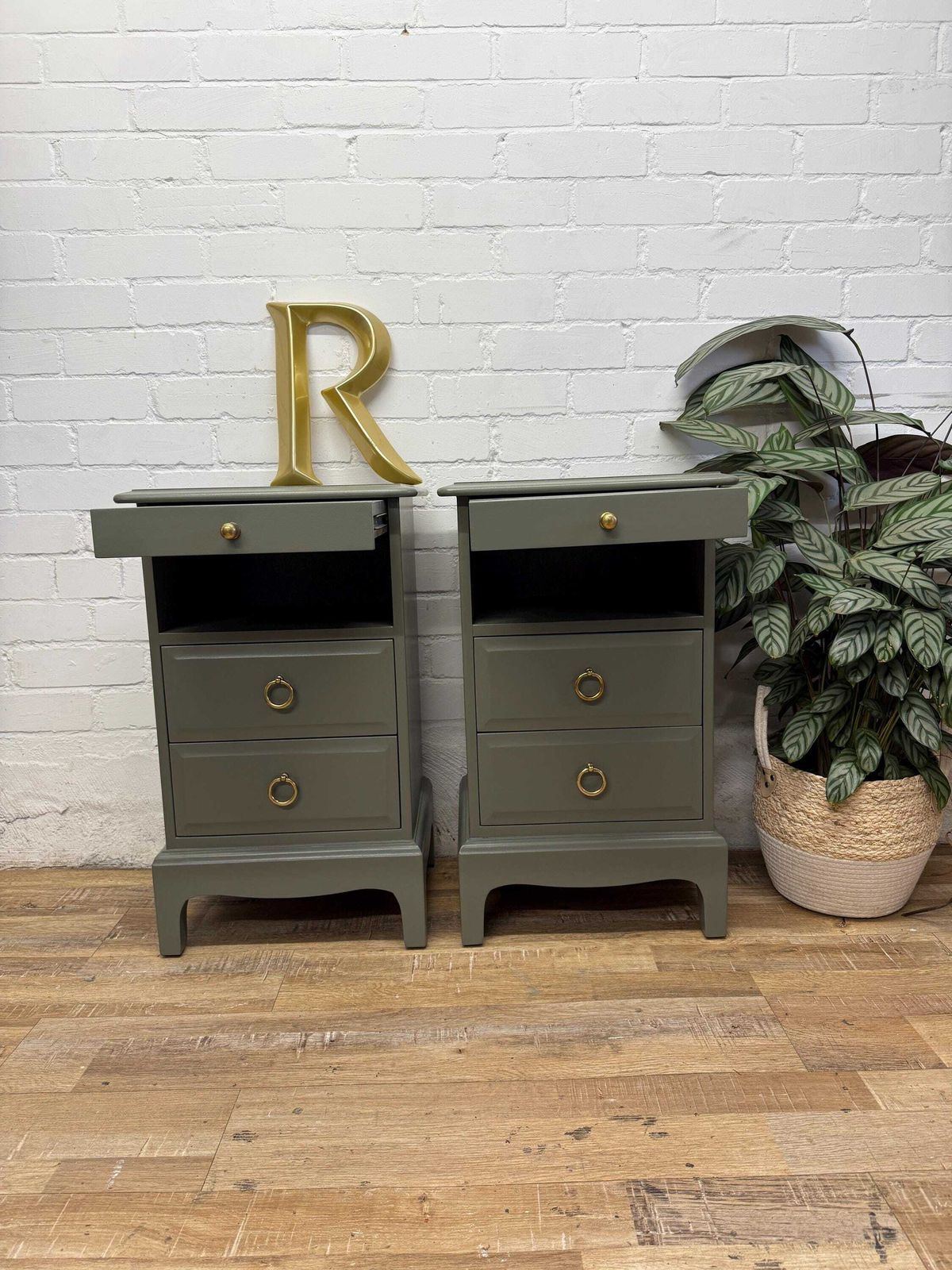 Stag Minstrel Bedside Tables Pair Painted Hornblende Green | Tall Narrow Nightstands photo vinterior
