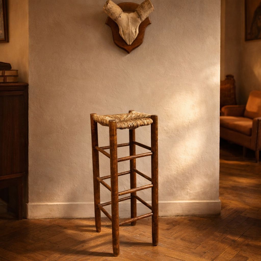 Barkruk Rustieke Stijl Massief Hout Biezen Zitting photo for sale