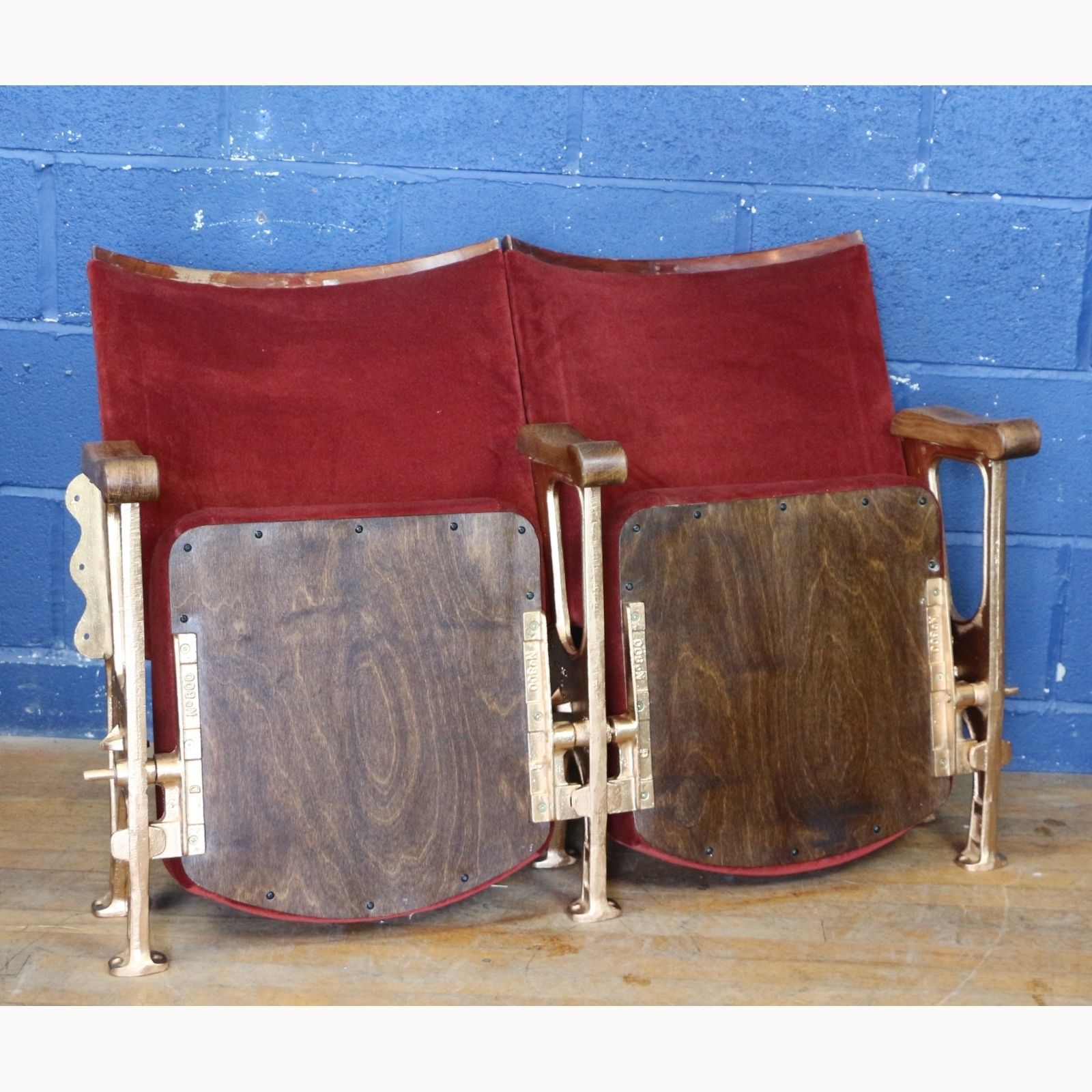 A Pair Of Art Deco C1930s Cinema Theatre Seats Maroon Velvet