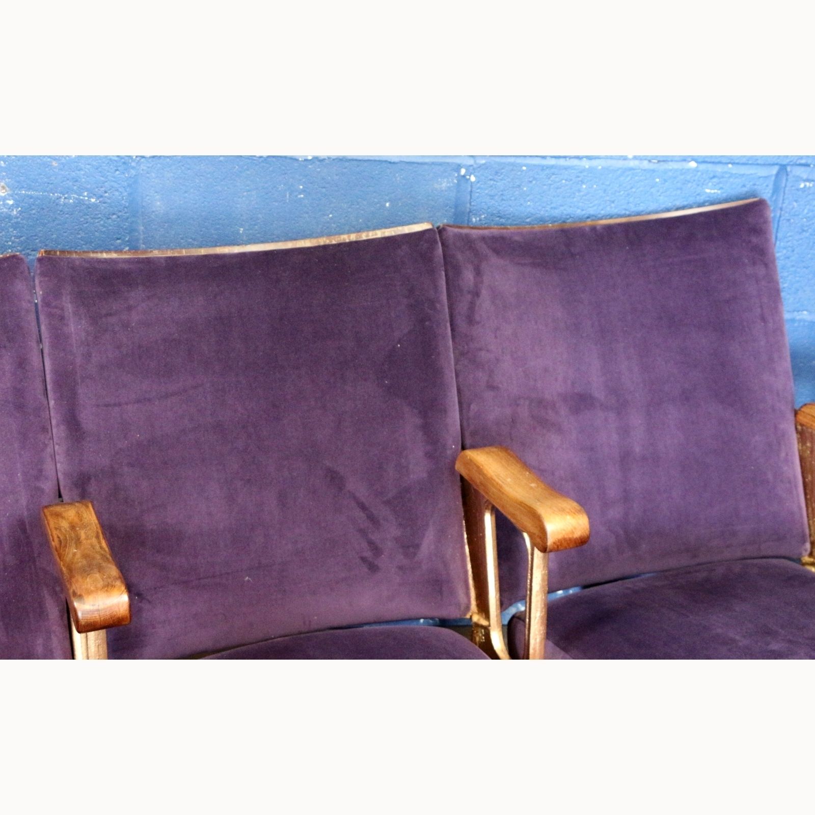 A Row Of Three Art Deco C1930s Cinema Theatre Seats Purple Velvet photo for sale