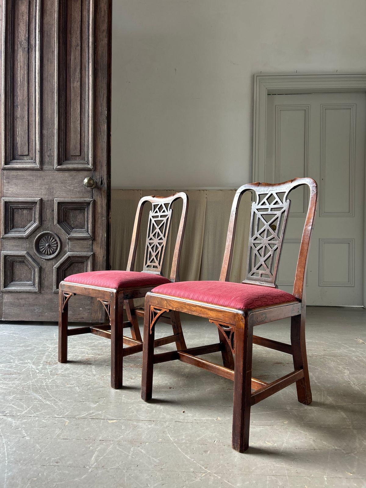 Pair Of 18th Century Chinese Chippendale Side Chairs In Fruitwood