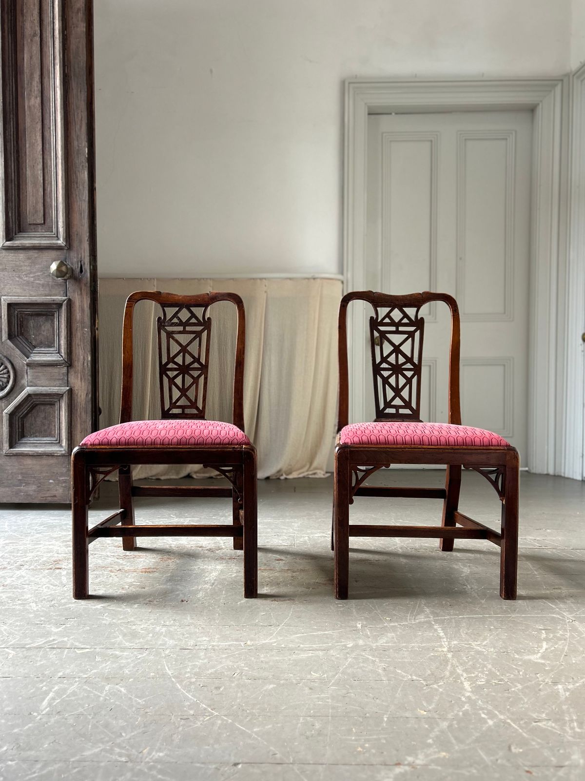 Pair Of 18th Century Chinese Chippendale Side Chairs In Fruitwood photo for sale