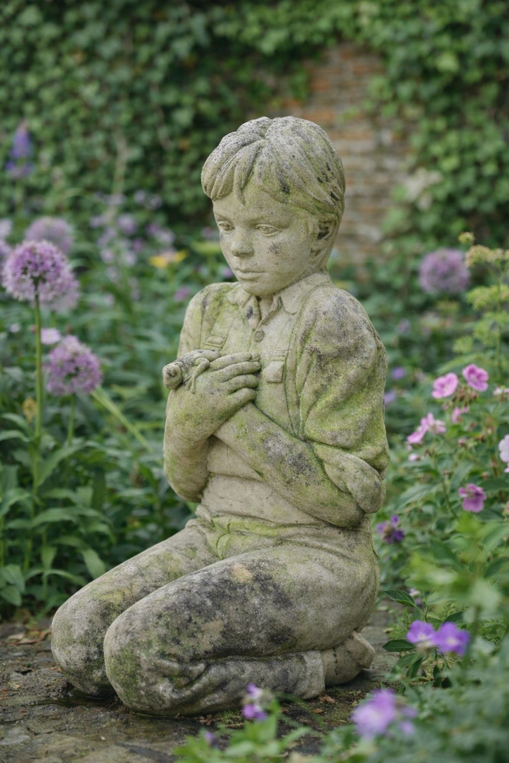 Charming Contemporary 21st Century Stone Figure Of A Boy With A Frog, Signed S.C