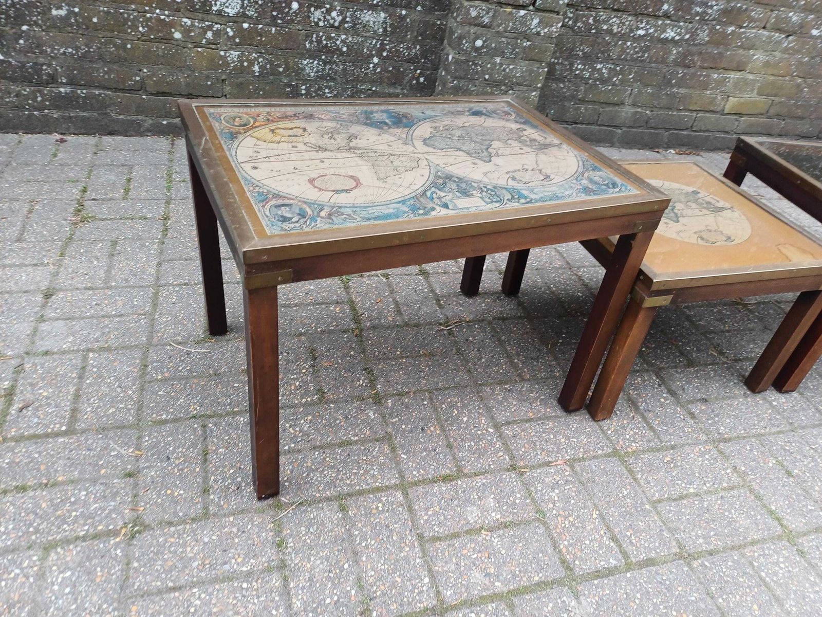 Vintage 1980s Teak Brass Glass Nest Of 3 Map Tables Coffee Side Tables World Map Mid Century Style Retro Furniture photo buy