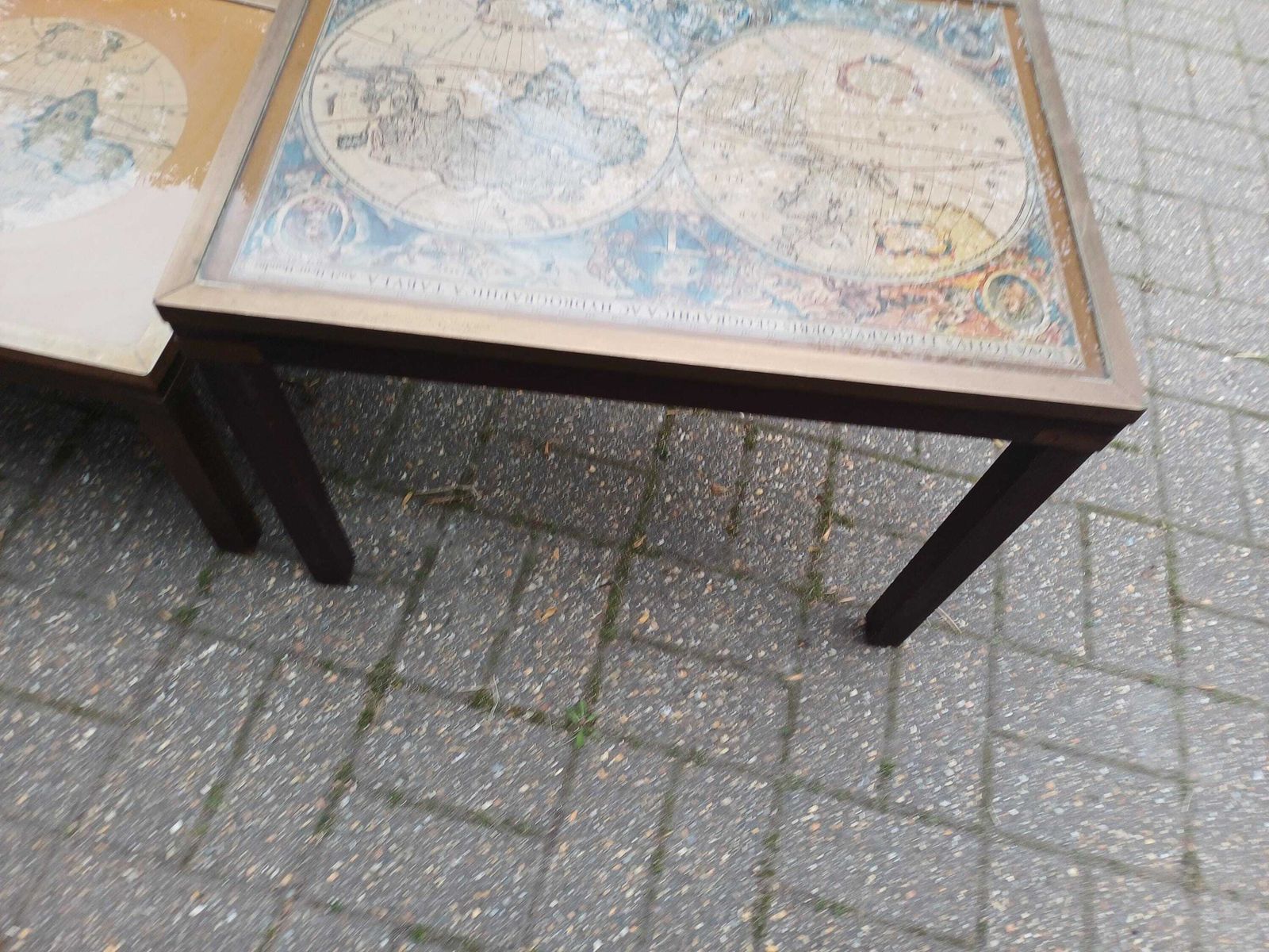 Vintage 1980s Teak Brass Glass Nest Of 3 Map Tables Coffee Side Tables World Map Mid Century Style Retro Furniture photo vintage