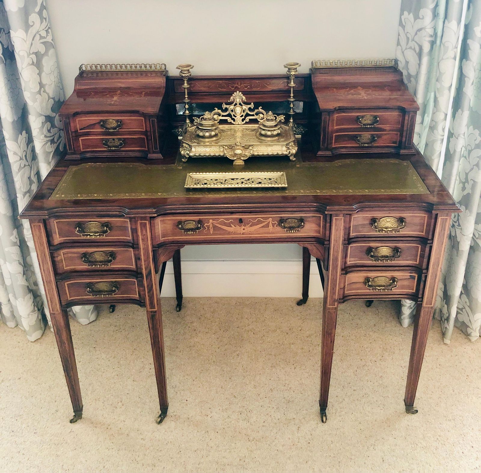 Fine Quality Antique Victorian Freestanding Maple & Co. Inlaid Writing Desk photo for sale