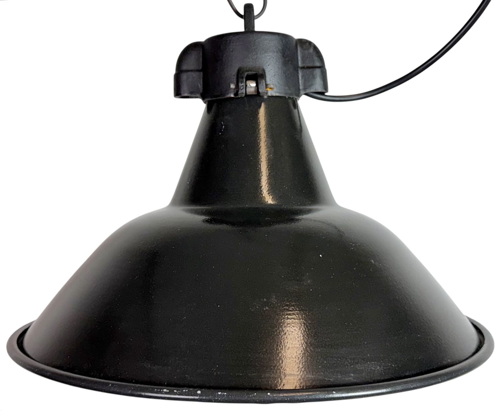 Industrial Black Enamel Factory Lamp With Cast Iron Top, 1950s, 99x