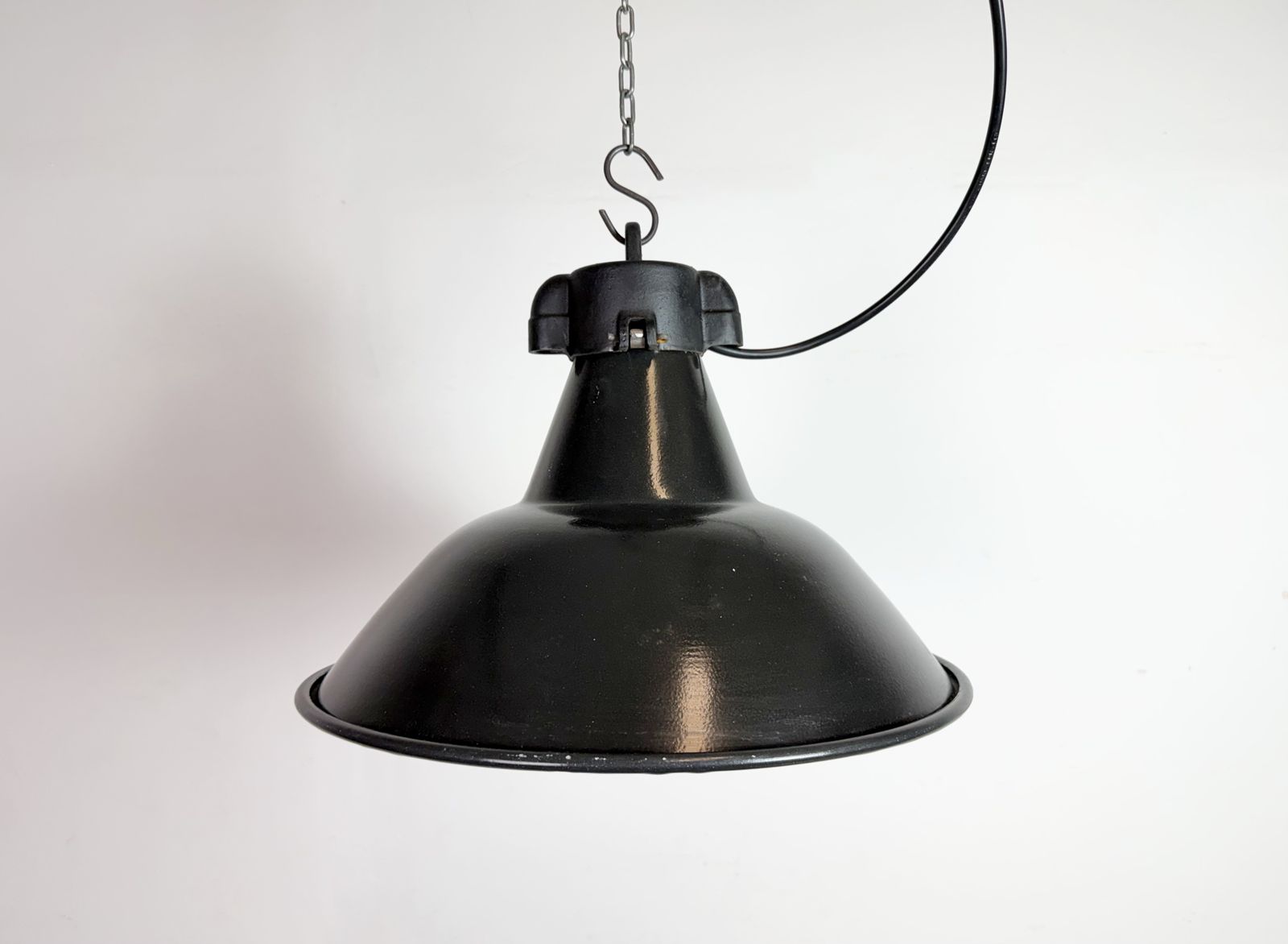 Industrial Black Enamel Factory Lamp With Cast Iron Top, 1950s, 99x photo furniture