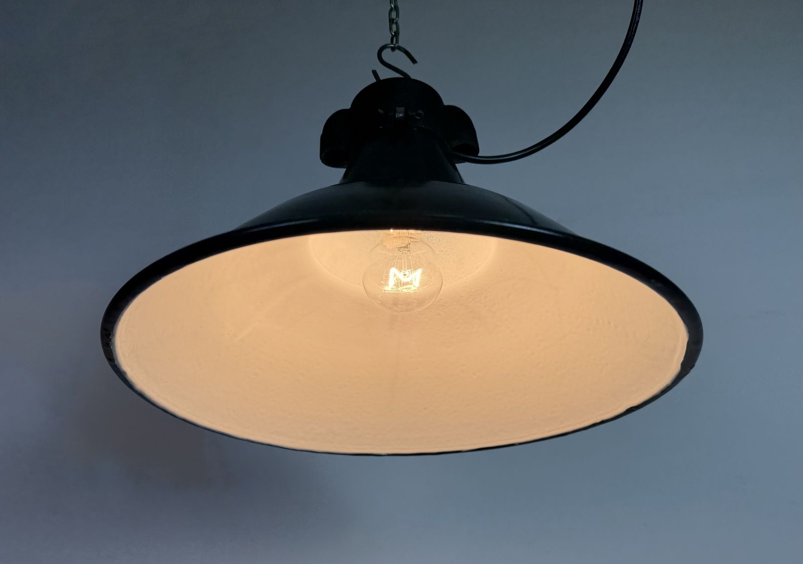 Lighting Industrial Black Enamel Factory Lamp With Cast Iron Top, 1950s, 99x photo