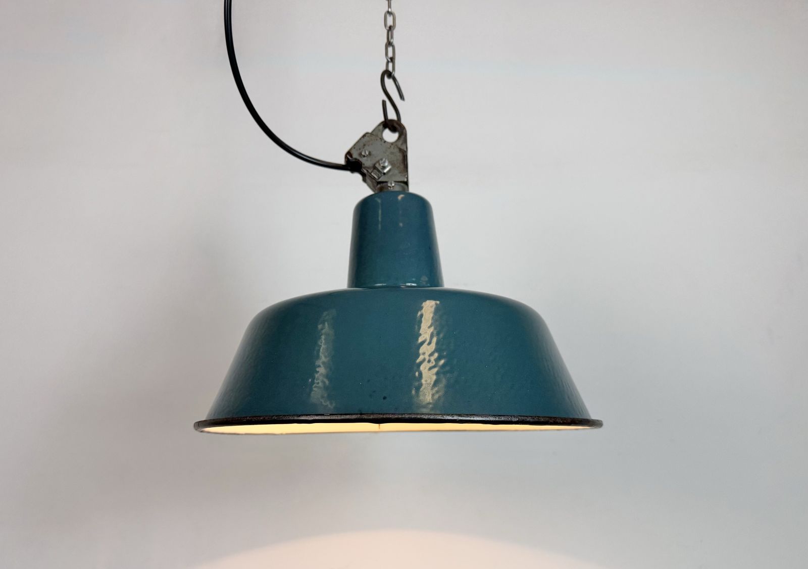 Lighting Industrial Petrol Enamel Factory Lamp With Cast Iron Top, 1960s, 10 X photo