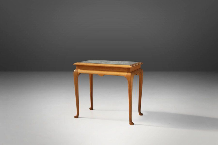 Side Table In Beech With Lace Inlay And Glass Top, France, 1950s photo furniture