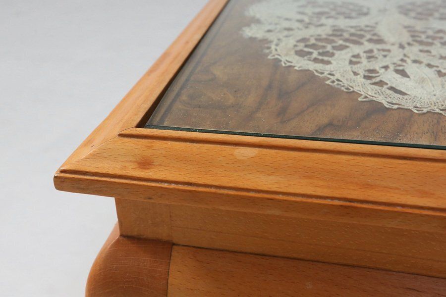 Side Table In Beech With Lace Inlay And Glass Top, France, 1950s photo for sale