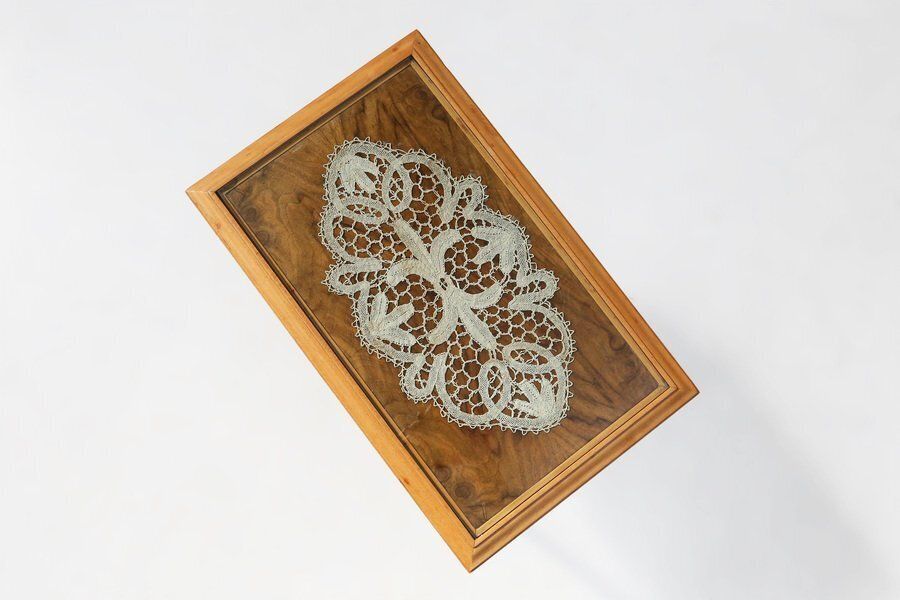Side Table In Beech With Lace Inlay And Glass Top, France, 1950s photo Furniture