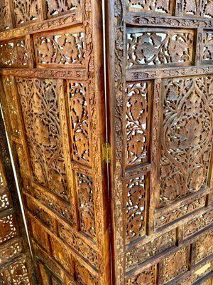 photo for sale Carved Hardwood Four Panel Anglo Indian Folding Screen, 1890s