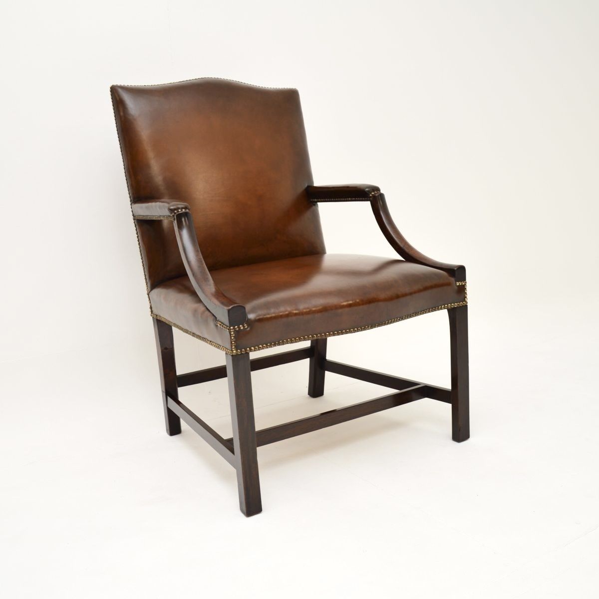 Antique Georgian Leather And Mahogany Gainsborough Armchair
