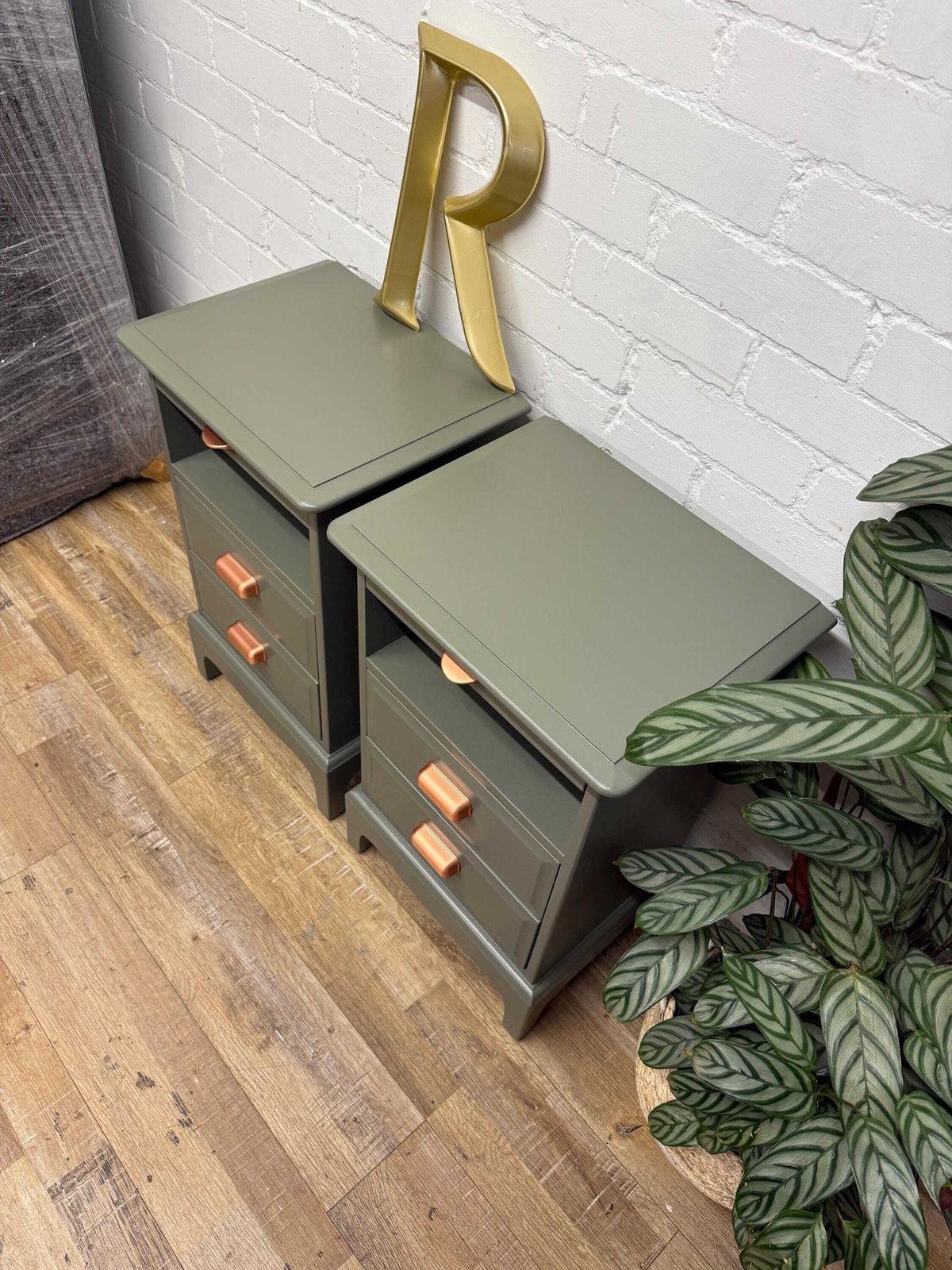 Stag Minstrel Bedside Tables Pair Painted Hornblende Green With Copper Handles | Tall Narrow Nightstands photo vinterior