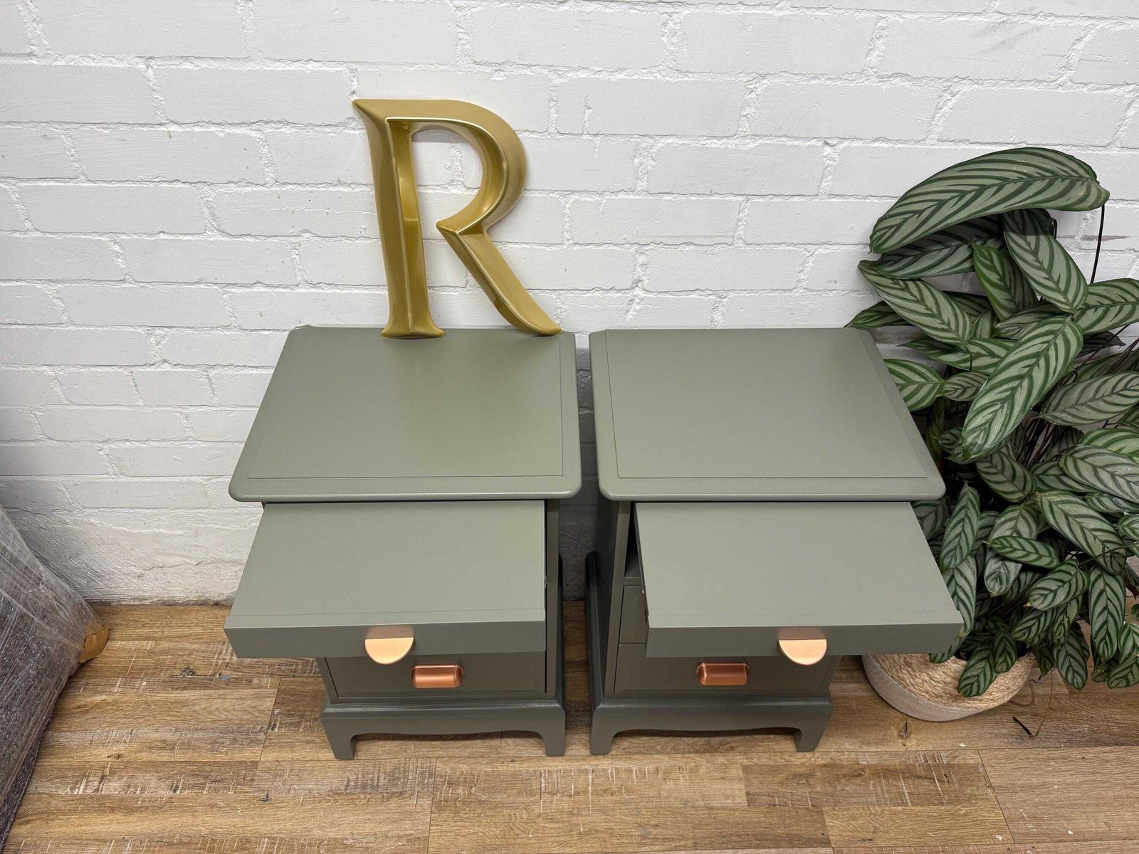 Stag Minstrel Bedside Tables Pair Painted Hornblende Green With Copper Handles | Tall Narrow Nightstands photo vintage