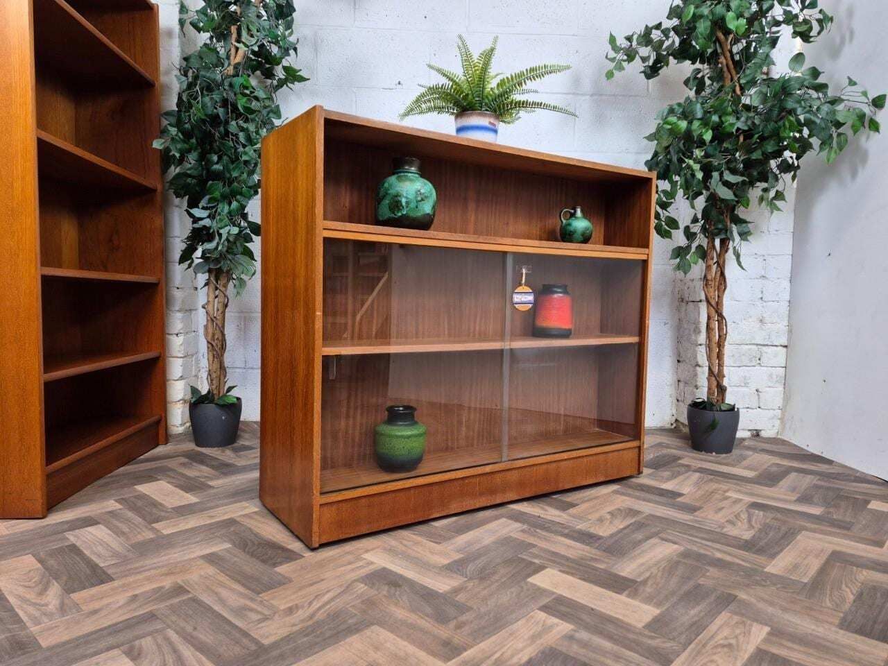 Vintage Mid Century Teak & Glass Double Sided Bookcase Room Divider Scandi Retro