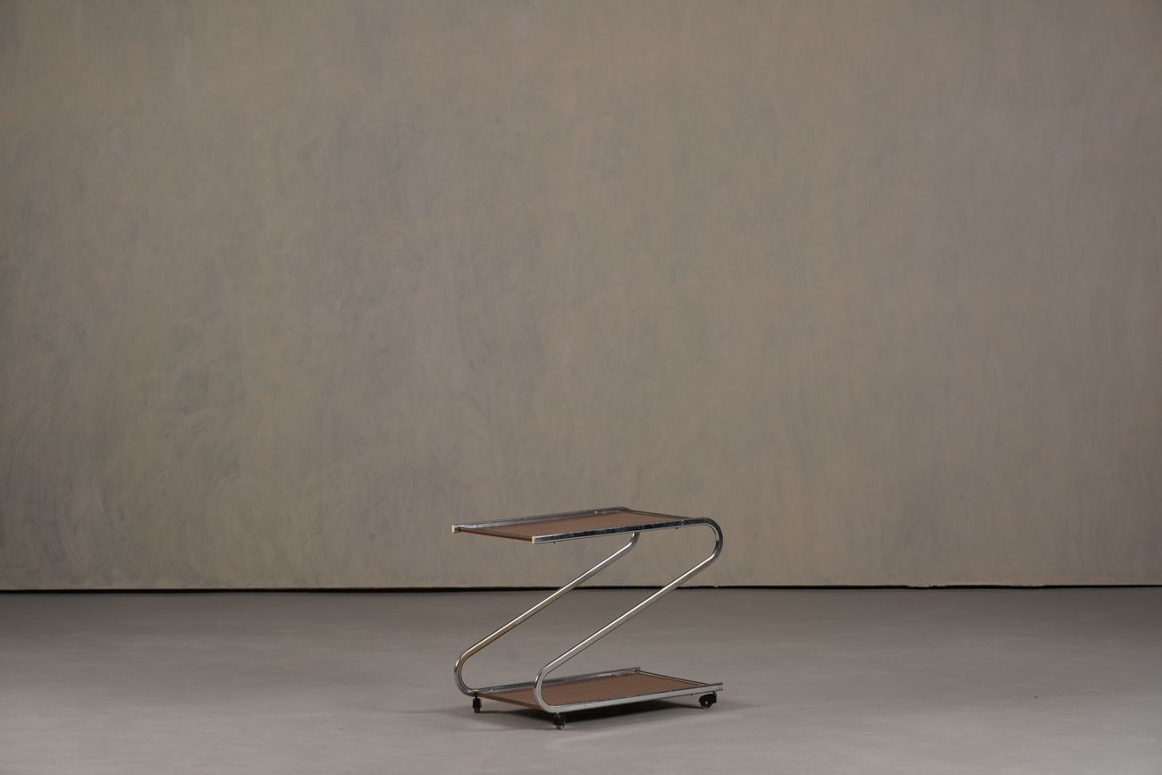 Vintage Aluminium And Plywood Bar Cart, Germany 1980’s photo for sale