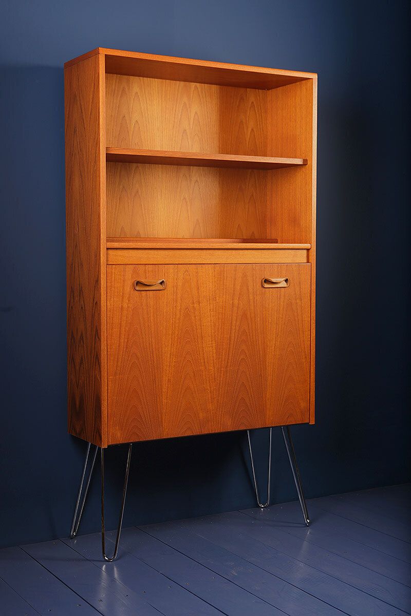 G Plan Fresco Mid Century Tall  Drinks Display Cabinet On Hairpin Or Tapered Teal Feet Legs 1970s photo for sale