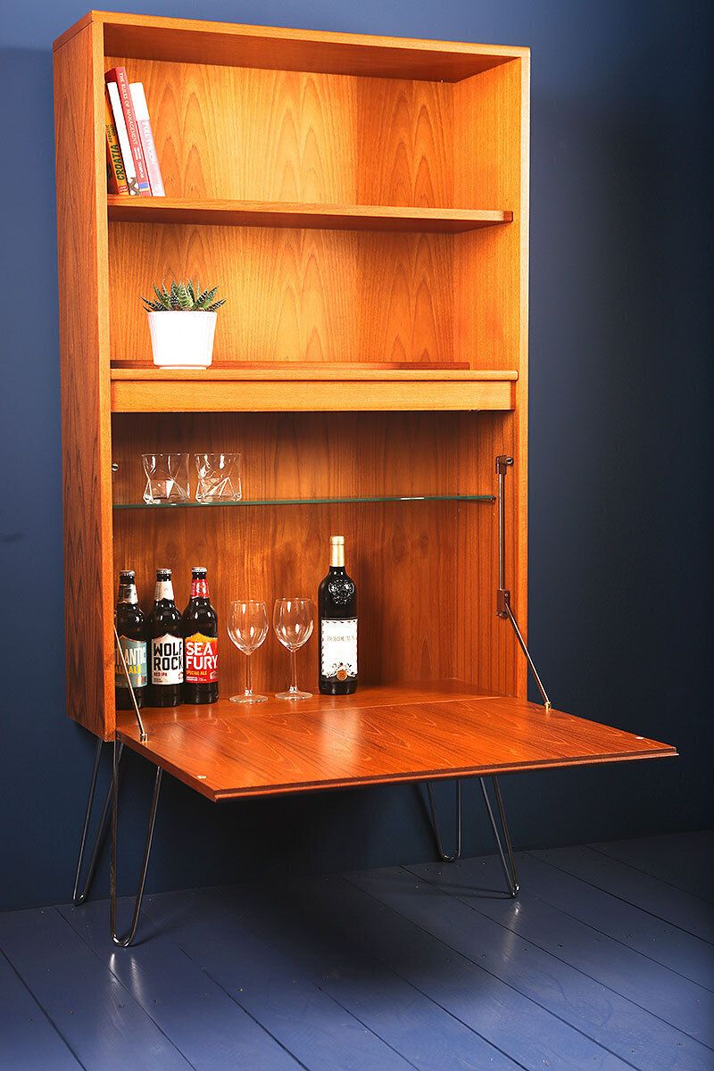 G Plan Fresco Mid Century Tall  Drinks Display Cabinet On Hairpin Or Tapered Teal Feet Legs 1970s photo vinterior