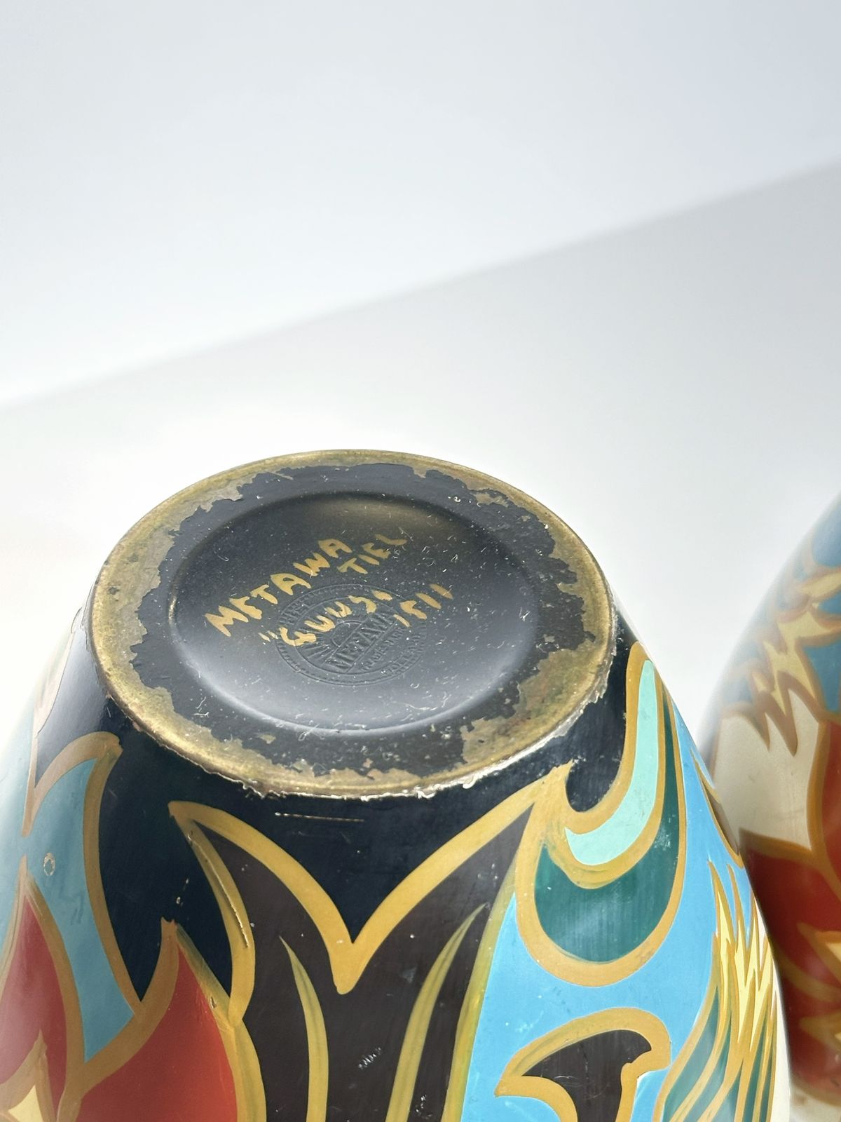 Pair Of Dutch Art Deco Enamelled Brass Vases By Metawa In Gouda Style, 1920s photo vintage
