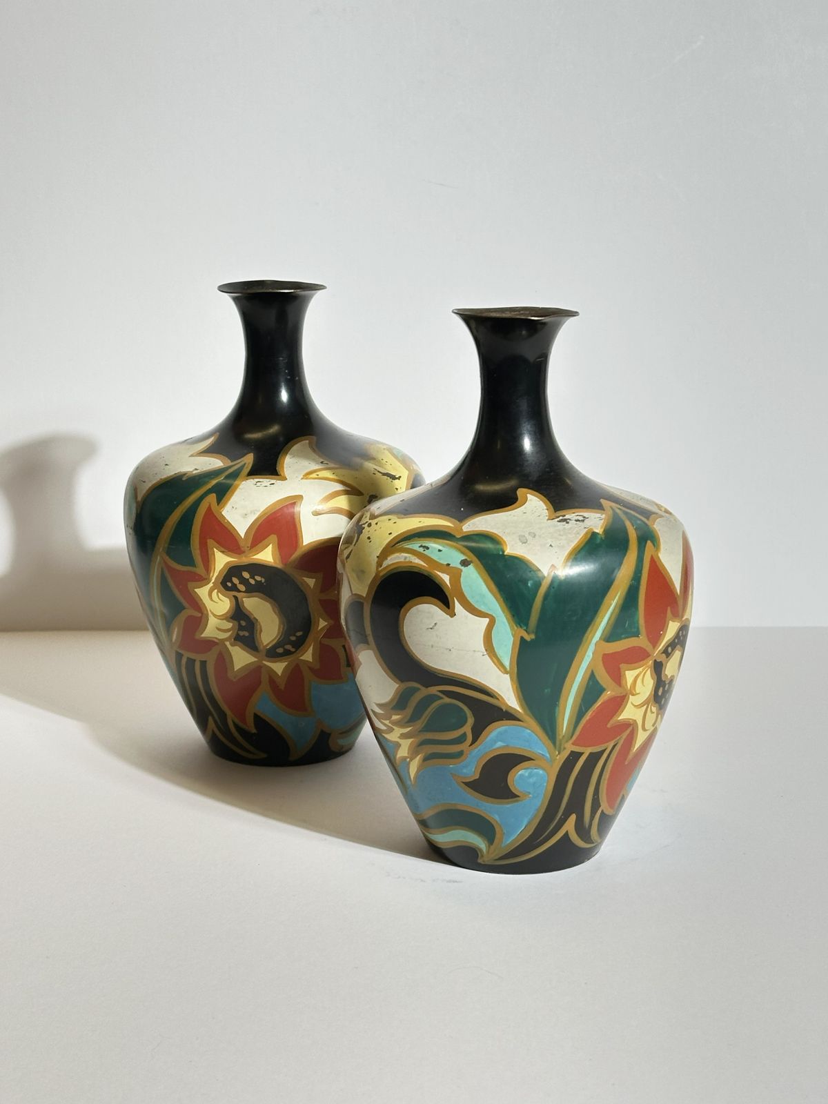 photo furniture Pair Of Dutch Art Deco Enamelled Brass Vases By Metawa In Gouda Style, 1920s