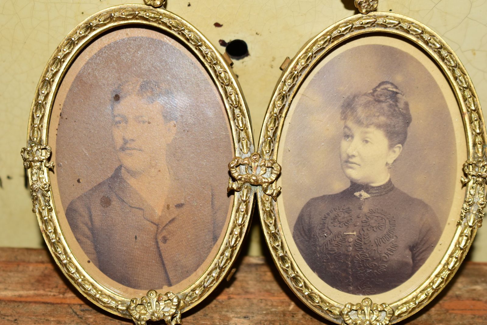 Antique French Brass Double Marriage Portrait Frame By Albert Bouchet, C. 1885 photo Home Decor