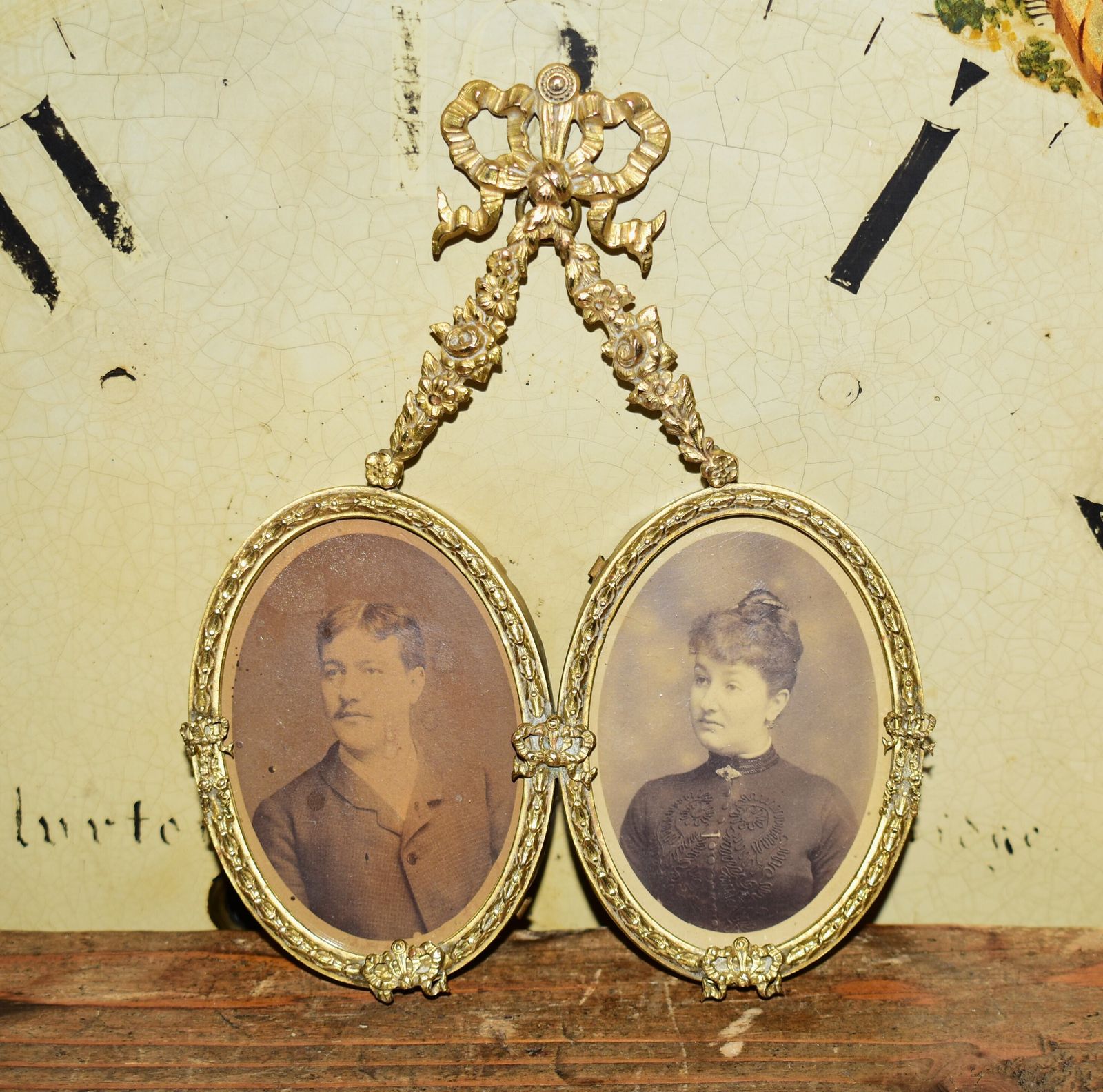 Antique French Brass Double Marriage Portrait Frame By Albert Bouchet, C. 1885