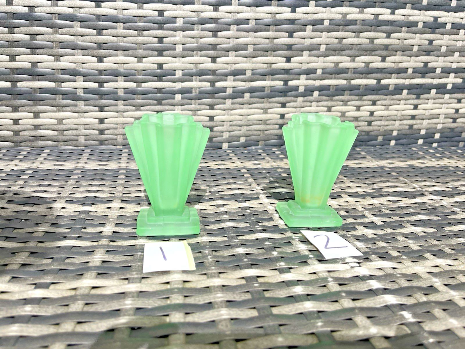photo for sale 1 Small Art Deco Bagley Grantham 334 Uranium Glass Fanned Stepped Base Posy Vase