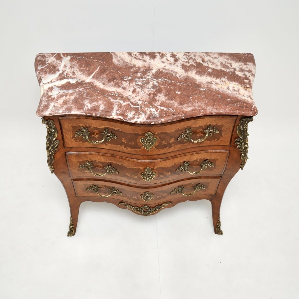 Antique French Inlaid Marquetry Marble Top Bombe Commode photo for sale
