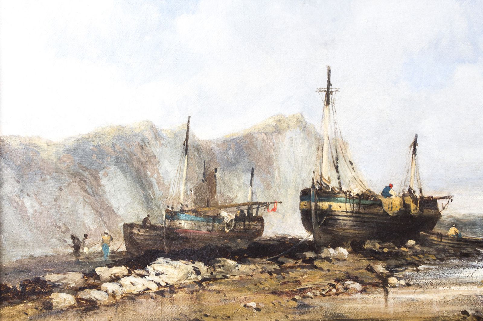 Art Antique Pair Seascape Oil Paintings Fishing Boats 19th Century photo