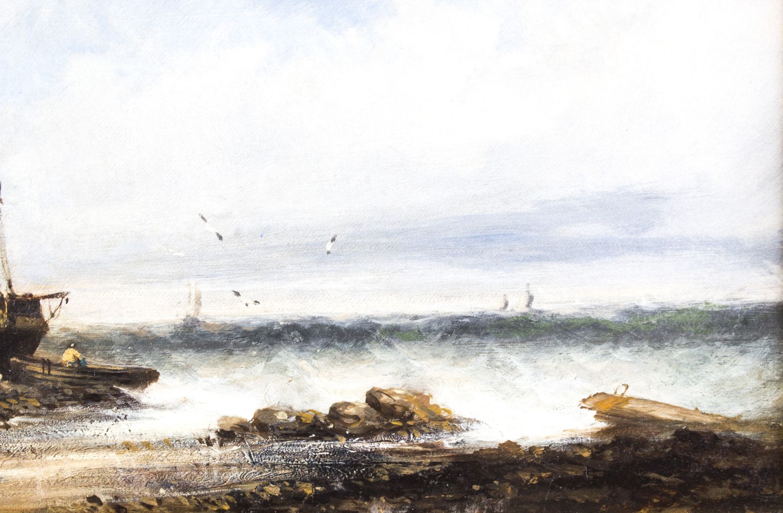 2750.0 Antique Pair Seascape Oil Paintings Fishing Boats 19th Century photo