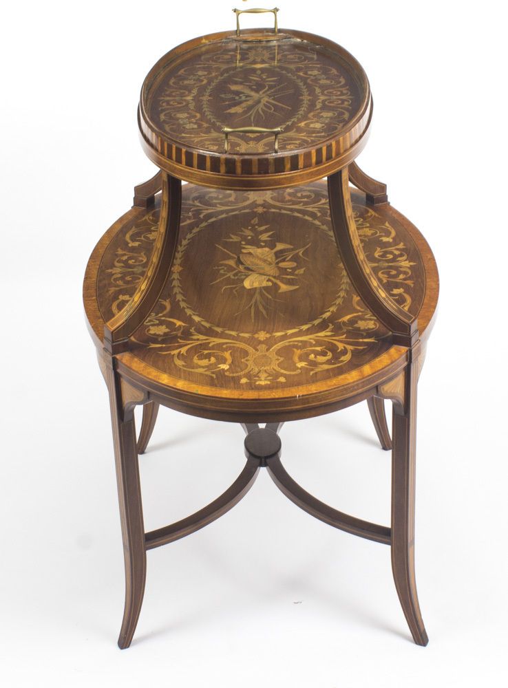 photo vintage Antique English Mahogany & Satin Wood Etagere Table  19th C