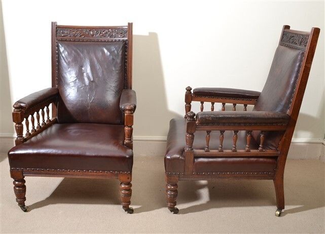 Antique Pair Of English Walnut Leather Armchairs 19th C photo furniture
