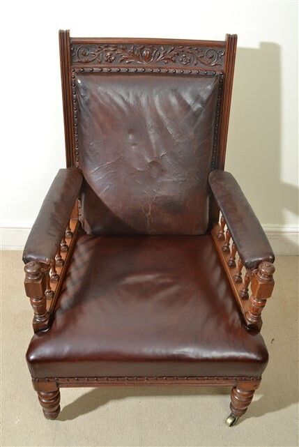 Antique Pair Of English Walnut Leather Armchairs 19th C photo Furniture