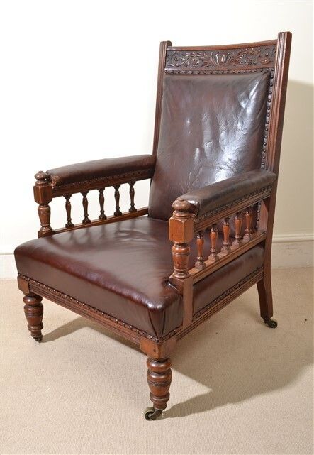 Antique Pair Of English Walnut Leather Armchairs 19th C photo 1750.0