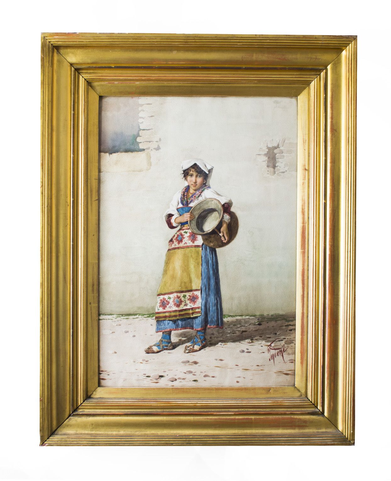 photo for sale Antique Watercolour 'The Water Carrier' Filipo Indoni 19th Century