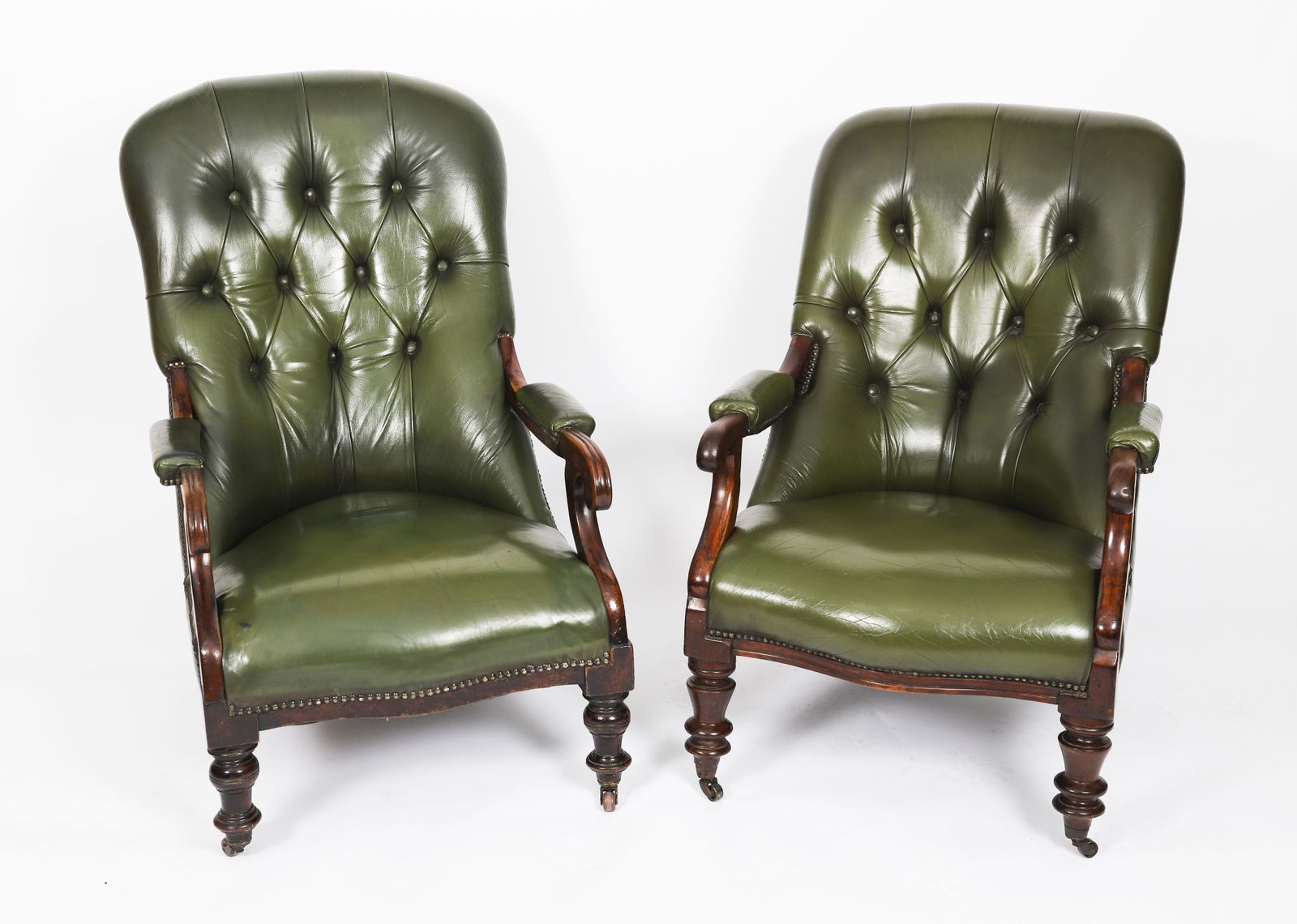 Pair Victorian His & Hers Green Leather Armchairs 19th C