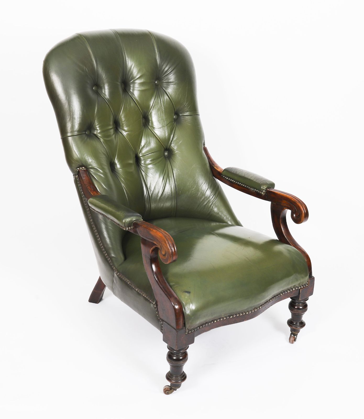 Pair Victorian His & Hers Green Leather Armchairs 19th C photo for sale