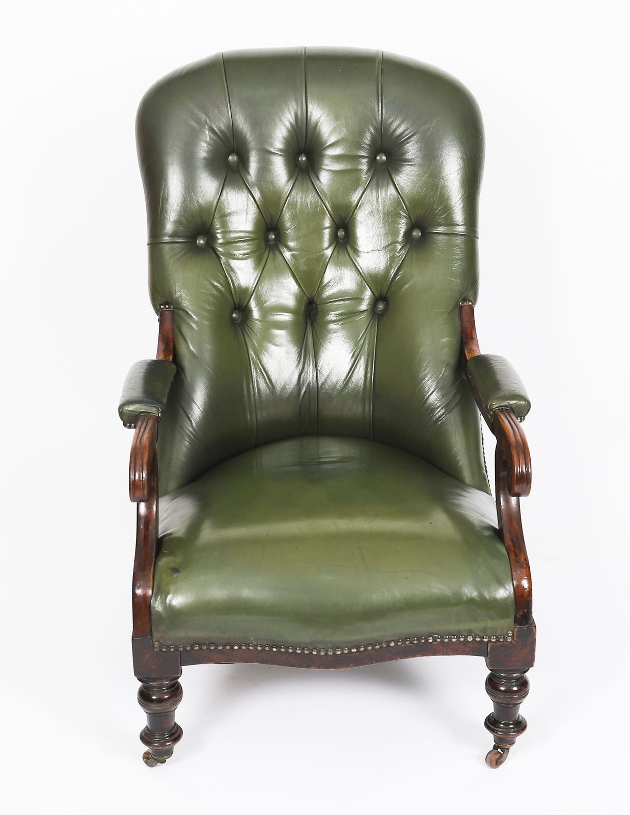 Pair Victorian His & Hers Green Leather Armchairs 19th C photo Furniture