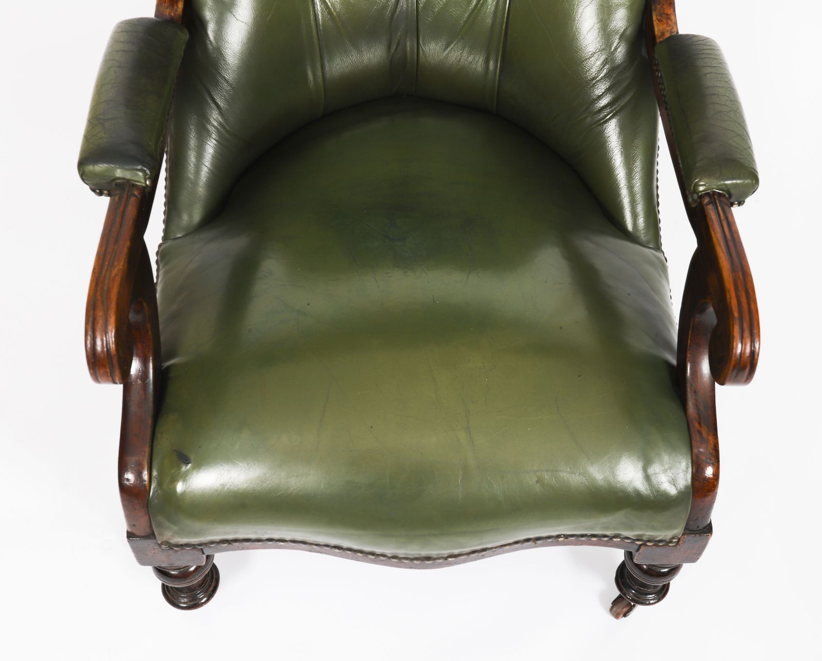 Pair Victorian His & Hers Green Leather Armchairs 19th C photo buy